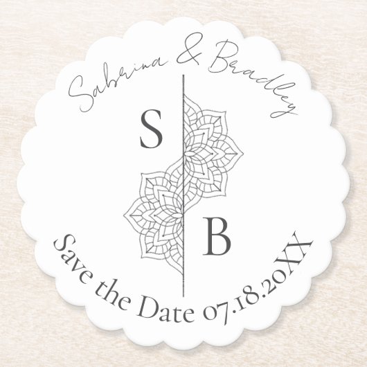 シンプルモダンボホモノグラムマンダラ結婚ズ ペーパーコースター (正面)
