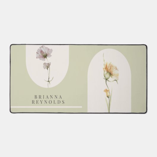 シンプルモダンボホワイルドフラワーオンセージグリーン デスクマット (正面)