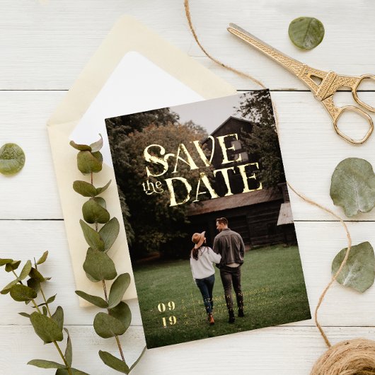 シンプルモダンボー |写真の日付の保存 箔招待状