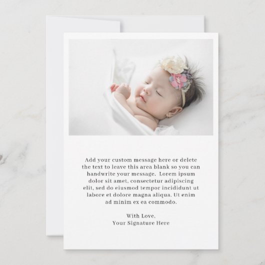 シンプルモダンミニマル写真エレガント誕生 案内状 (裏面)