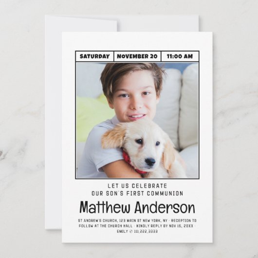 シンプルモダンミニマル写真第1聖餐式ボーイ 招待状 (正面)