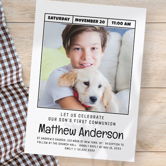 シンプルモダンミニマル写真第1聖餐式ボーイ 招待状