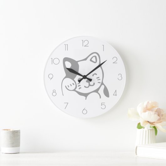 シンプルモダンミニマル白とグレーのかわいい猫 ラージ壁時計 (ホーム)