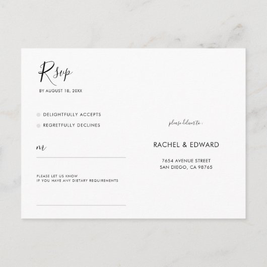 シンプルモダンミニマル結婚式RSVPポストカード インビテーションポストカード (裏面)