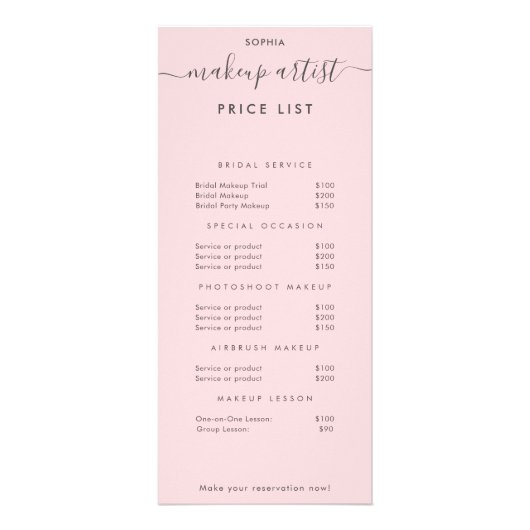 シンプルモダンメイクアップアーティスト価格表ピンク ラックカード (正面)