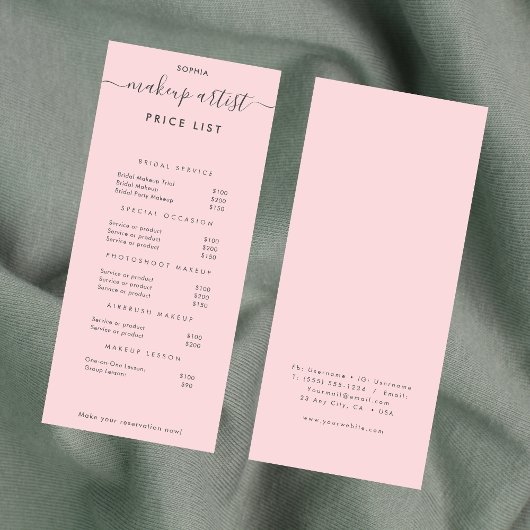 シンプルモダンメイクアップアーティスト価格表ピンク ラックカード
