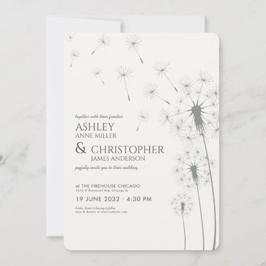 シンプルモダンモスグリーンダンデリオ結婚ズ 招待状 (正面)