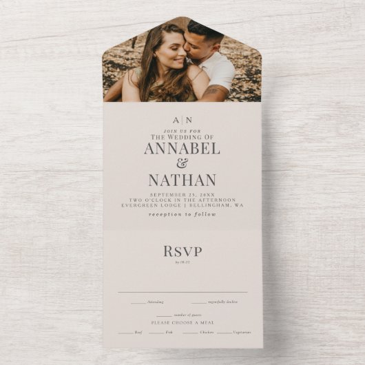 シンプルモダンモノグラム&フォトアイボリー結婚ズ オールインワン招待状 (内側)