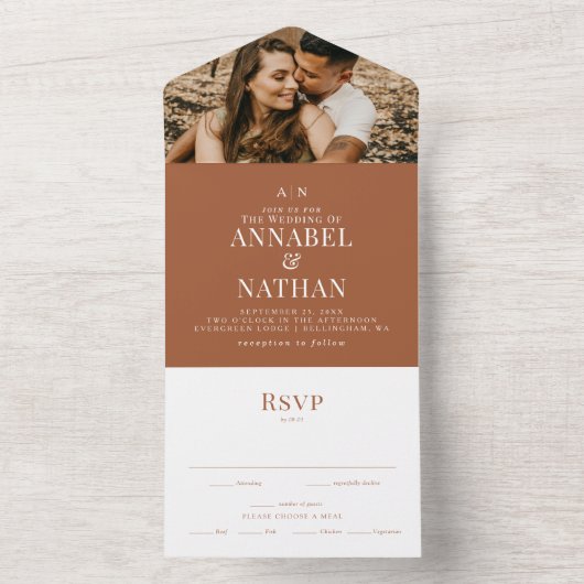 シンプルモダンモノグラム&フォトテラコッタ結婚ズ オールインワン招待状 (内側)