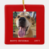 シンプルモダンレッドフレームファミリーペットホリデー セラミックオーナメント (正面)