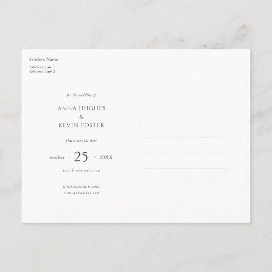 シンプルモダン写真の日付を保存結婚する 案内ポストカード (裏面)