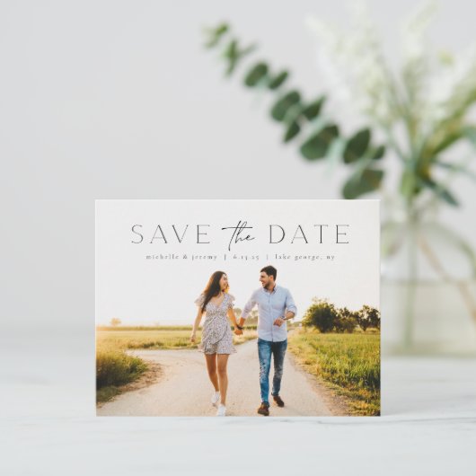 シンプルモダン写真の結婚式の日付はがきを保存 ポストカード (スタンド正面)