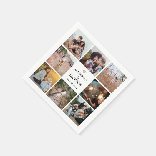 シンプルモダン写真コラージュと金ゴールドハート結婚の スタンダードカクテルナプキン (角)