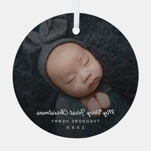 シンプルモダン写真マイ初めてのクリスマスベビー ガラスオーナメント (裏面)