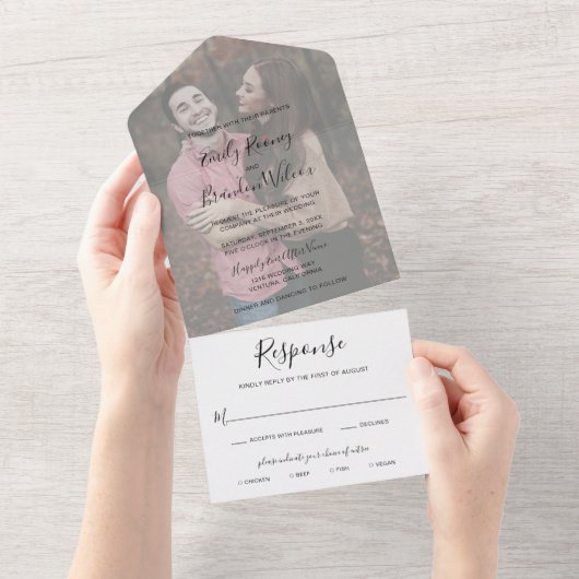 シンプルモダン写真優雅な結婚式 オールインワン招待状 (貼ってはがせる)