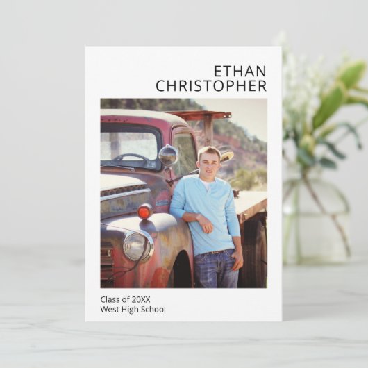 シンプルモダン写真卒業男性の発表 案内状 (スタンド正面)