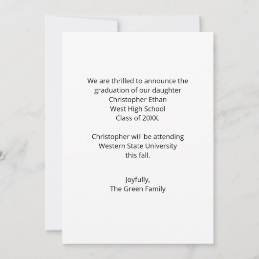 シンプルモダン写真卒業男性の発表 案内状 (裏面)