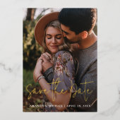 シンプルモダン写真Dateの金ゴールド結婚を保存 箔招待状 (正面)