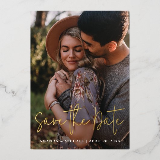 シンプルモダン写真Dateの金ゴールド結婚を保存 箔招待状 (正面)