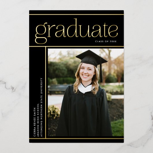 シンプルモダン卒業生黒金ゴールド実在 箔招待状 (正面)