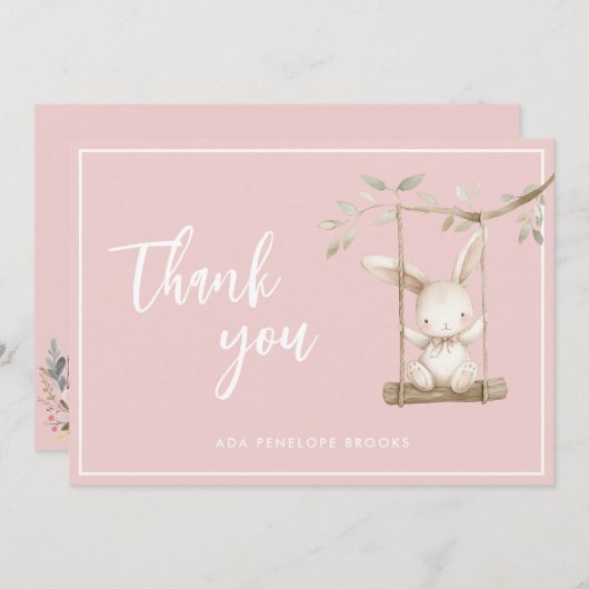 シンプルモダン台本ほこりっぽいピンクのベビーガール サンキューカード (正面/裏面)