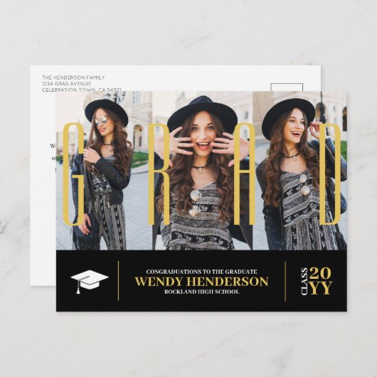 シンプルモダン大学院ブラック3写真お知らせ ポストカード (正面/裏面)