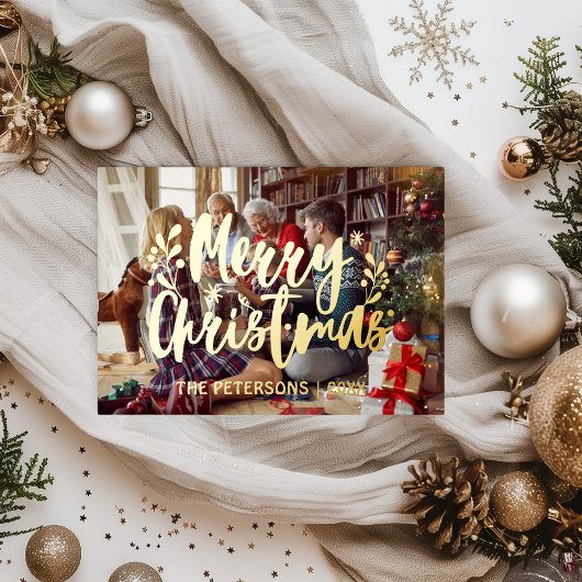 シンプルモダン家族の写真クリスマスプレイ金ゴールド 箔シーズンカード