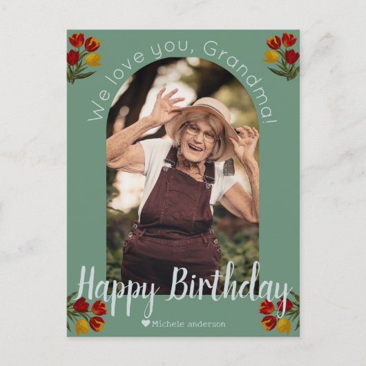シンプルモダン家族の誕生日おばあちゃん写真名 シーズンポストカード (正面)