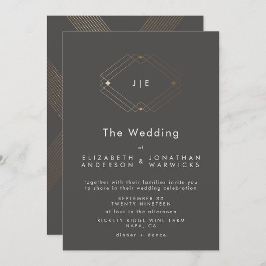 シンプルモダン幾何金ゴールド結婚炭 招待状 (正面/裏面)