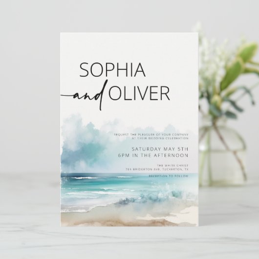 シンプルモダン水の色シーサイドコースト結婚ーズ 招待状 (スタンド正面)