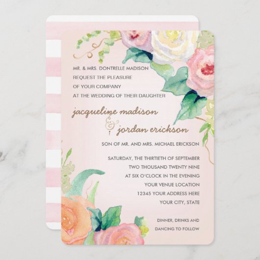 シンプルモダン水カラーフローラバラピンクコーラル 招待状 (正面/裏面)