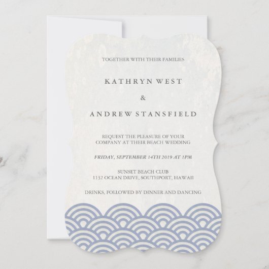 シンプルモダン波パープル+白ビーチ結婚式 招待状 (正面)