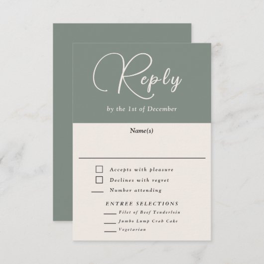 シンプルモダン深いセージシンプルRSVPと食事 出欠カード (正面/裏面)
