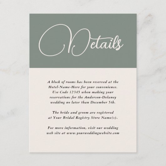 シンプルモダン深いセージ結婚グリーン詳細 エンクロージャーカード (正面)