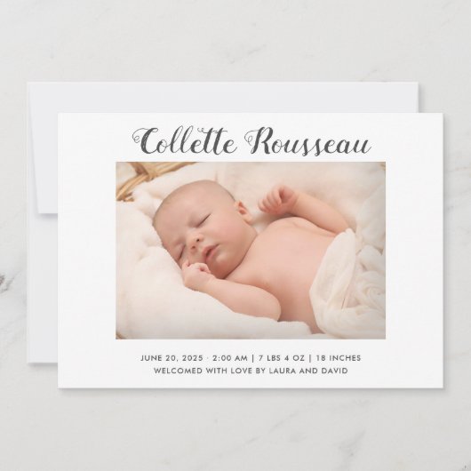 シンプルモダン生まれたばかりのベビー写真誕生の状態 案内状 (正面)