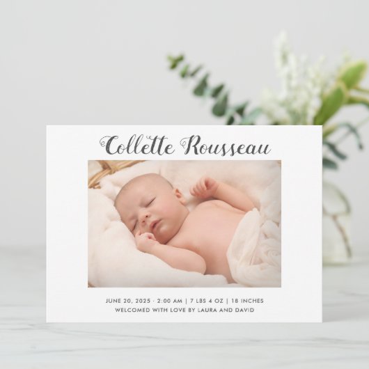 シンプルモダン生まれたばかりのベビー写真誕生の状態 案内状 (スタンド正面)
