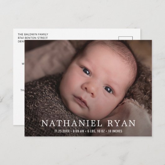 シンプルモダン男の赤ちゃん写真誕生 案内ポストカード (正面/裏面)
