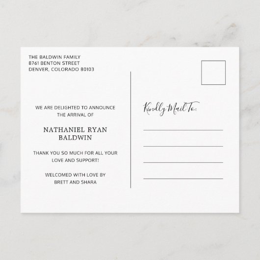 シンプルモダン男の赤ちゃん写真誕生 案内ポストカード (裏面)