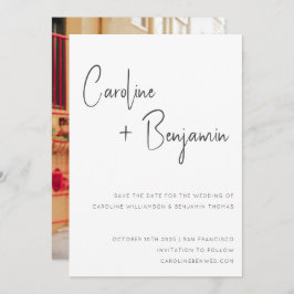 シンプルモダン白黒スクリプト結婚写真 セーブザデート