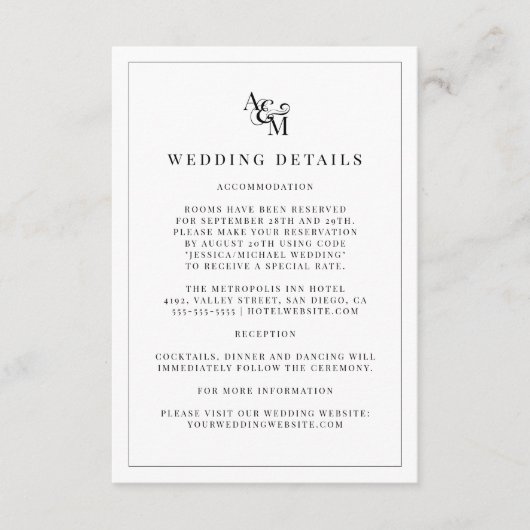 シンプルモダン白黒モノグラ結婚ム詳細 エンクロージャーカード (正面)