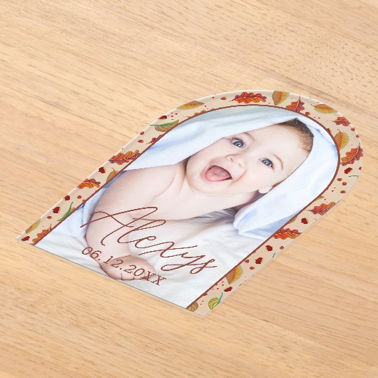 シンプルモダン秋の写真追加の誕生発表 アクリル招待状 (レイダウン)