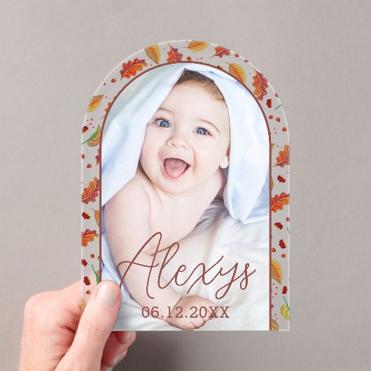 シンプルモダン秋の写真追加の誕生発表 アクリル招待状 (インサイチュ (ポータブル))