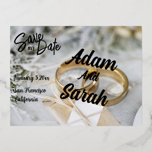 シンプルモダン結婚Scriptの救日付 箔シーズンポストカード
