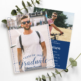 シンプルモダン脚本ネイビーブルー卒業写真 招待状