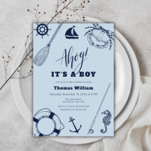 シンプルモダン航海の魚釣り男の子の赤ちゃんシャワー