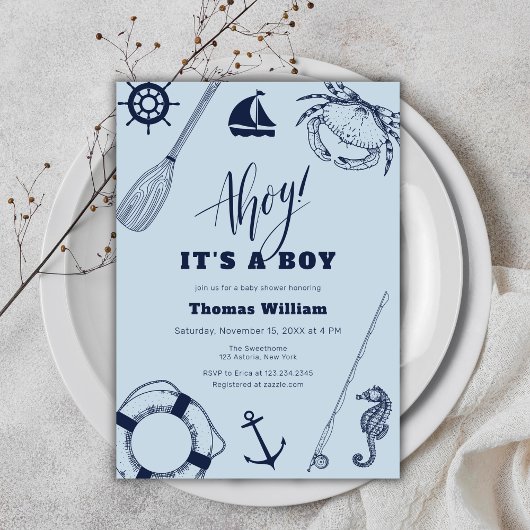 シンプルモダン航海の魚釣り男の子の赤ちゃんシャワー 招待状