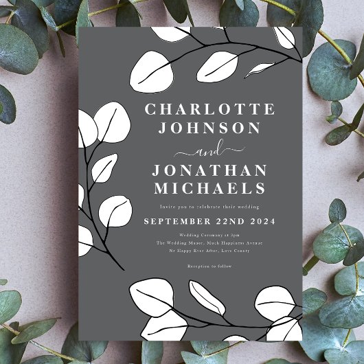 シンプルモダン葉スタイリッシュグレイ 招待状