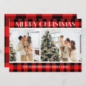 シンプルモダン赤い格子模様のクリスマスファミリー2枚の写真 シーズンカード (正面/裏面)