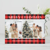 シンプルモダン赤い格子模様のクリスマスファミリー2枚の写真 シーズンカード (スタンド正面)