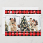 シンプルモダン赤い格子模様のクリスマスファミリー2枚の写真 シーズンカード (正面)